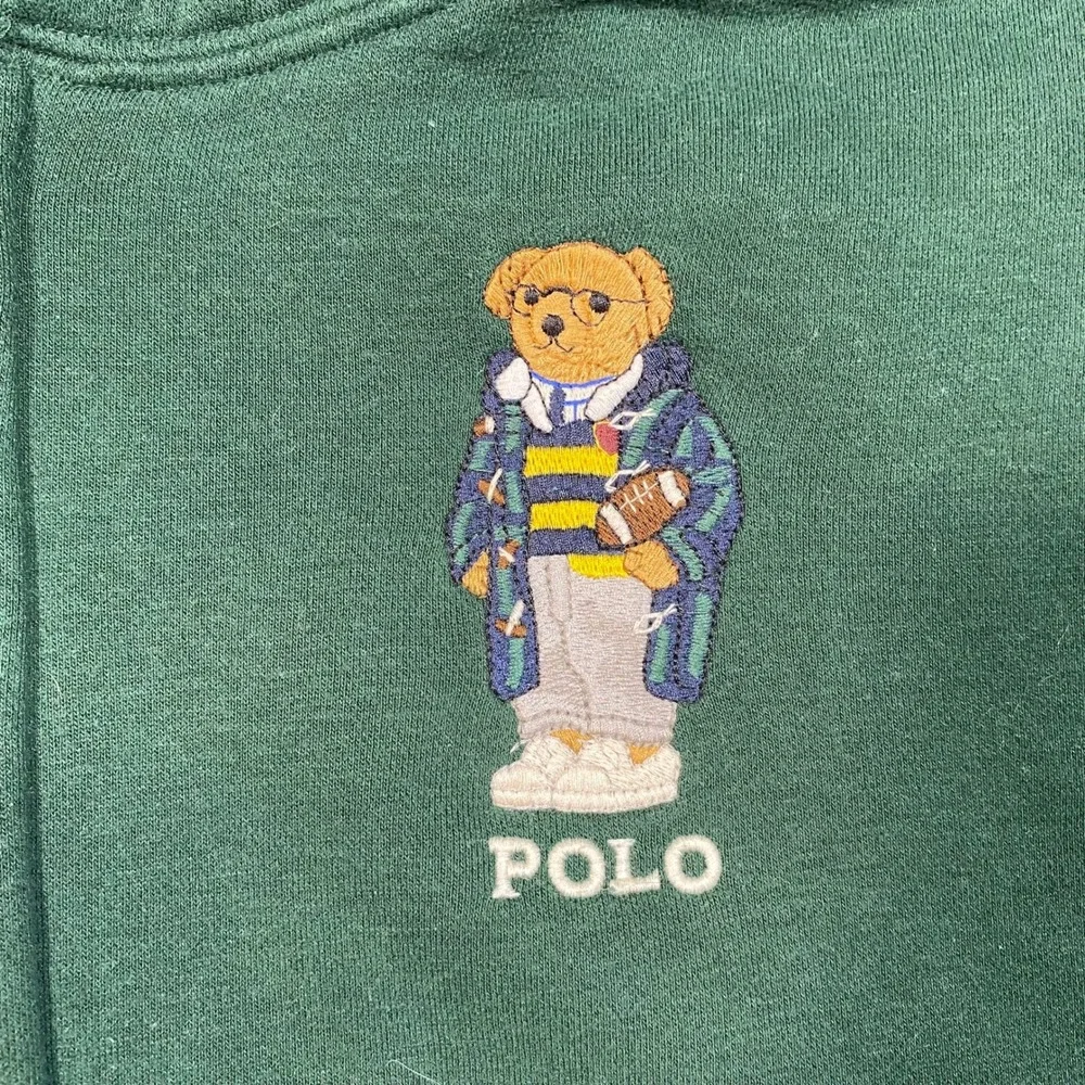 Polo Ralph Lauren Mens Green Polo Bear Football Full Zip Hoodie Medium M